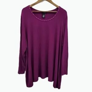 Catherines AnyWear Womens 2X Tunic Top Scoop Neck Long Sleeve Studded Purple